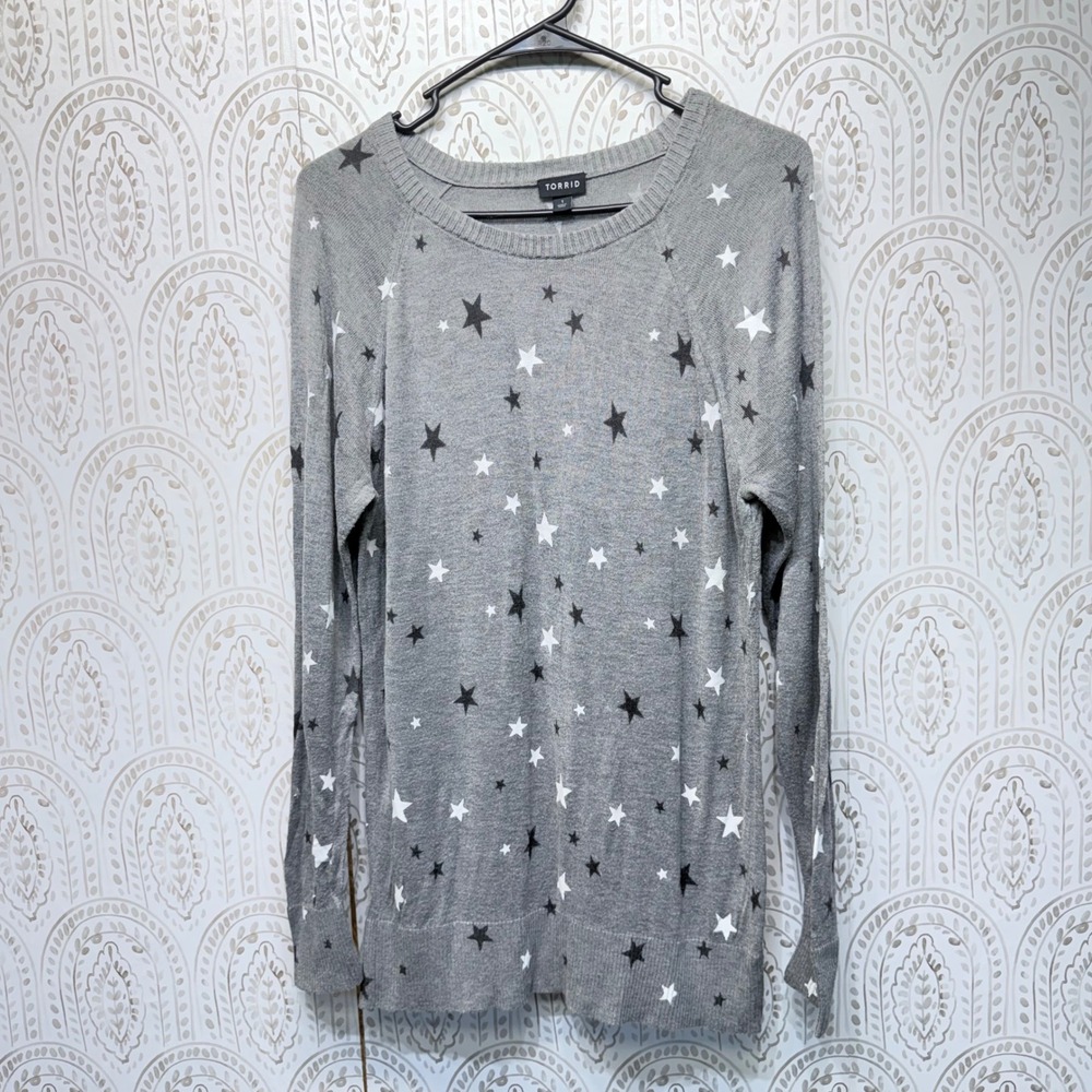 Torrid Sweater Women 1 Gray Star Print Long Sleeve Raglan Knit Rayon Pullover